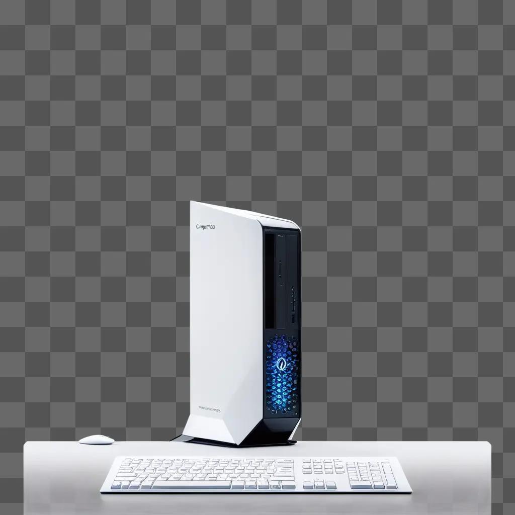 white computer with a blue screen is on a white desk