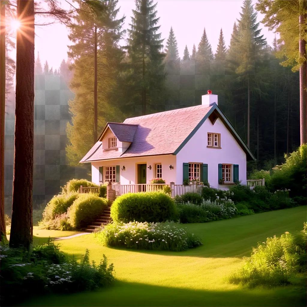 white cottage with green shutters sits in a lush garden