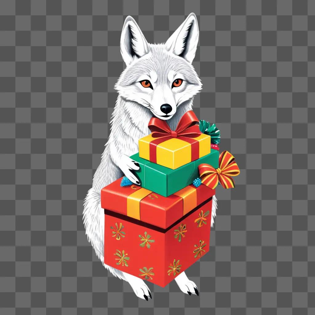 white coyote with a red bow presents a gift