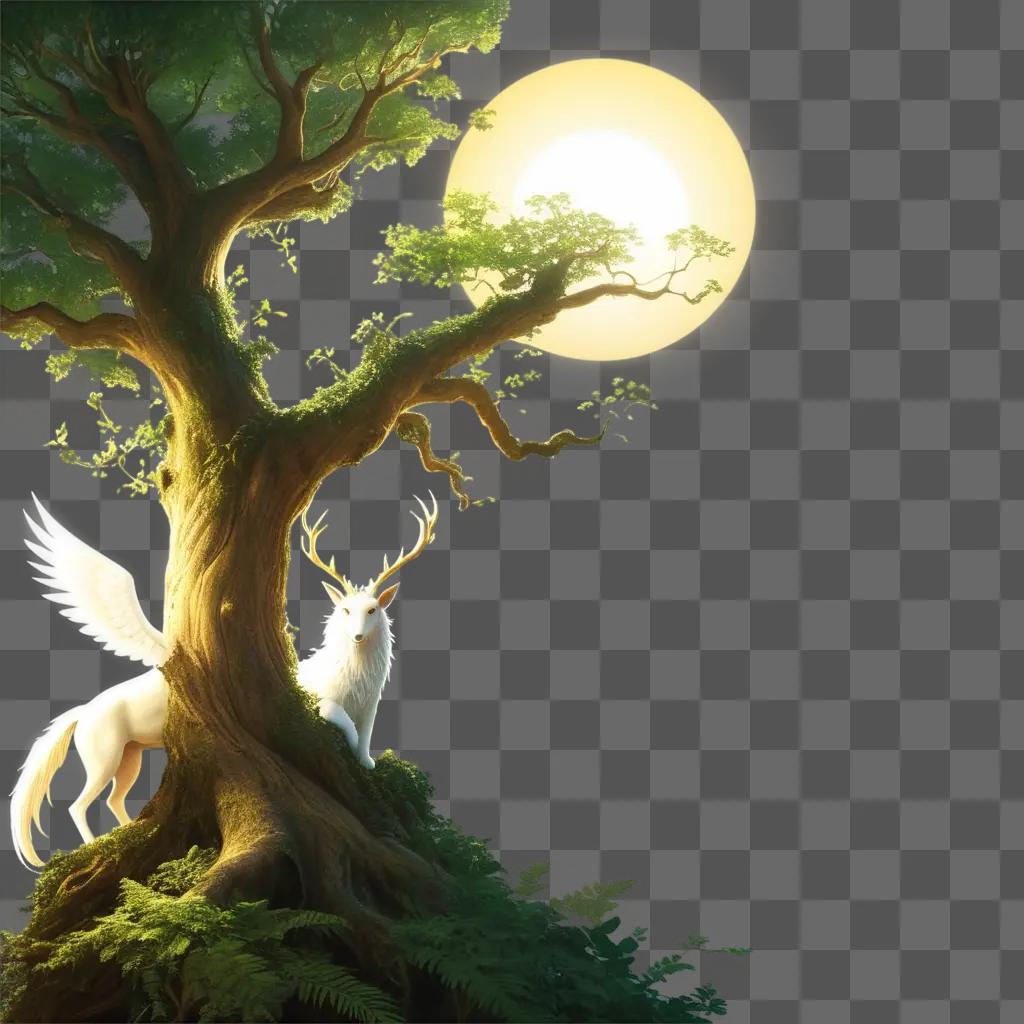 white creature stands on a tree in a forest