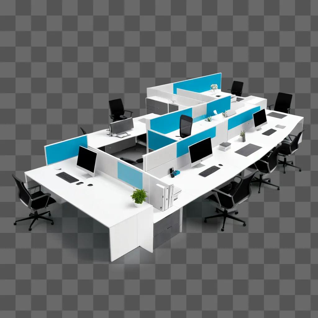 white cubicle with blue divider and computer desks