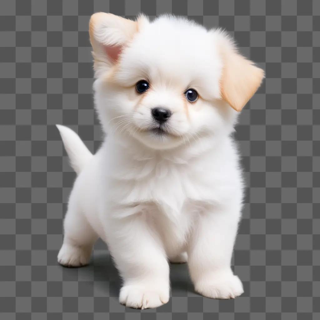 white cute puppy standing on a gray surface