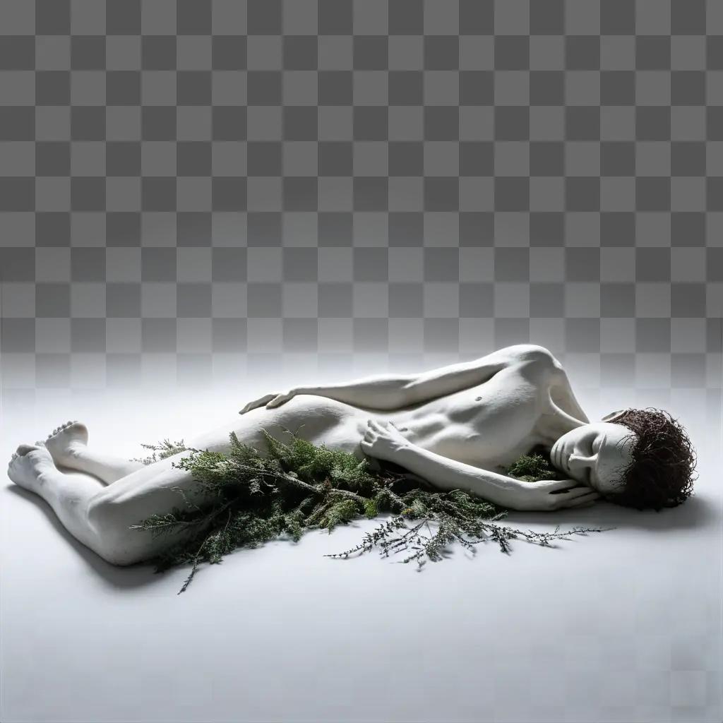 white dead body lying on a white surface with a green branch