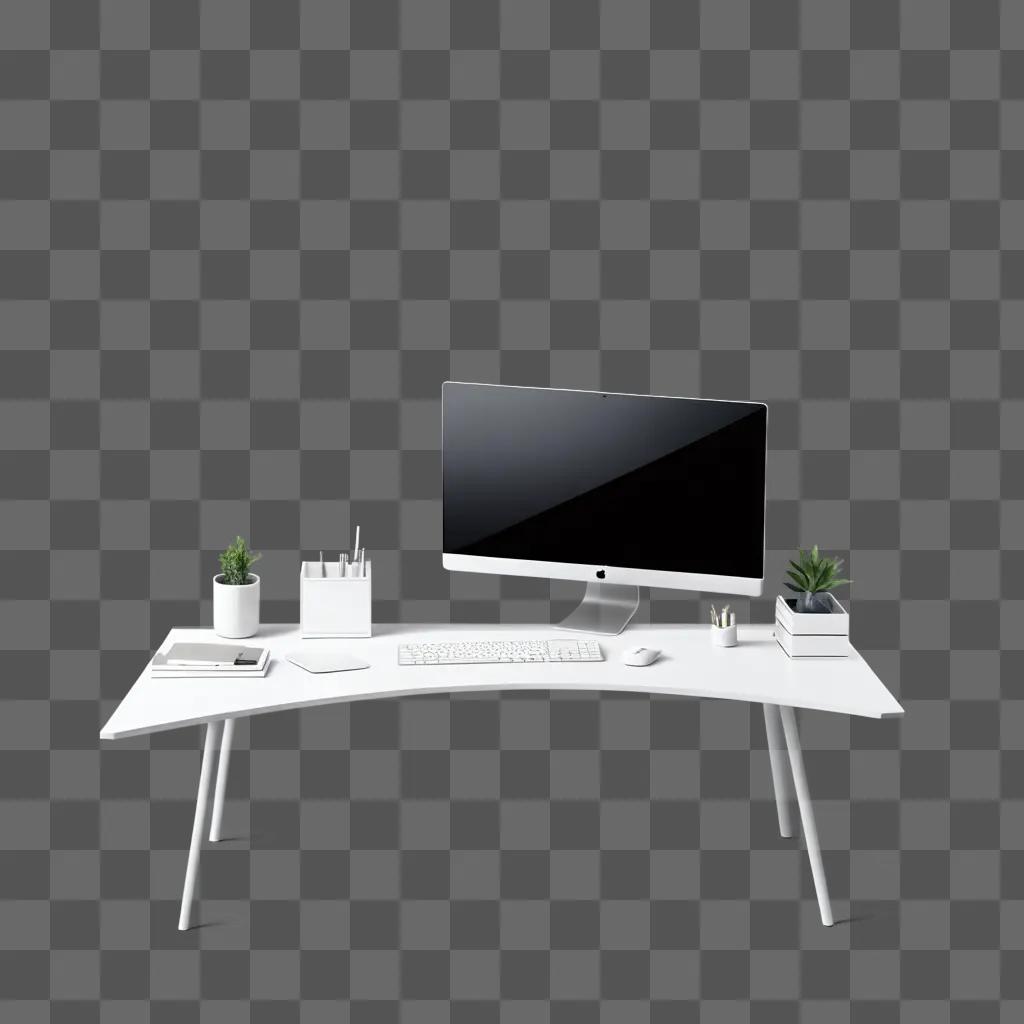 white desk holds a computer and plants