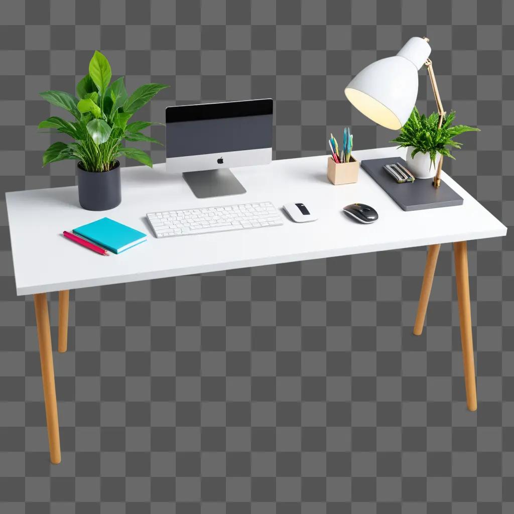 white desk with a keyboard, mouse, and plant