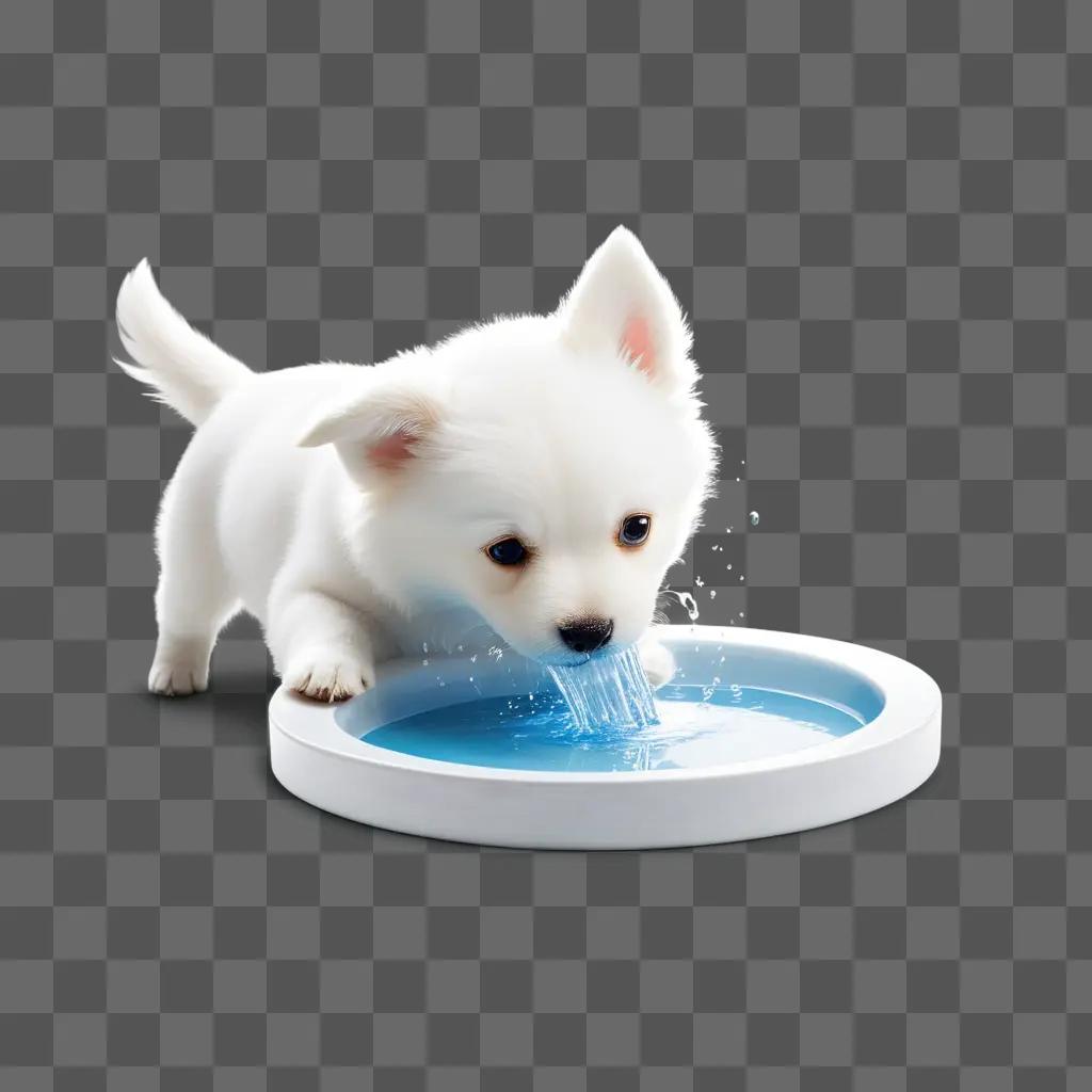 white dog drinking from a blue water bowl