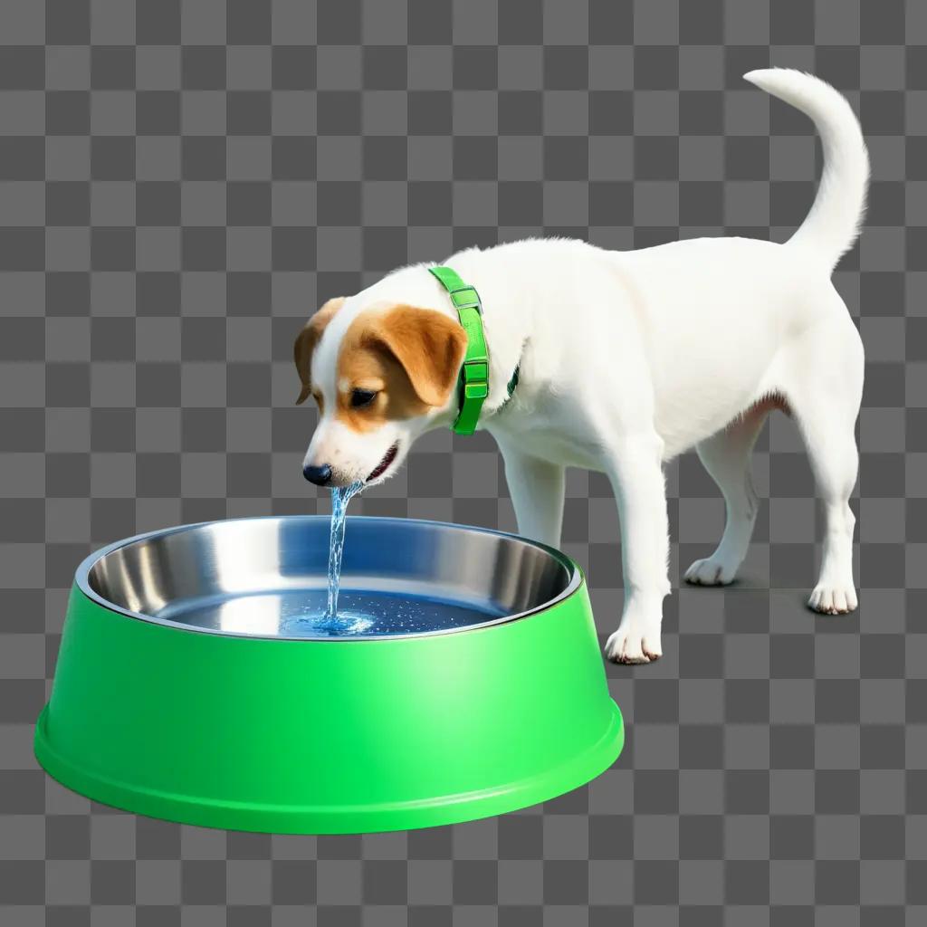 white dog drinks from a green water bowl