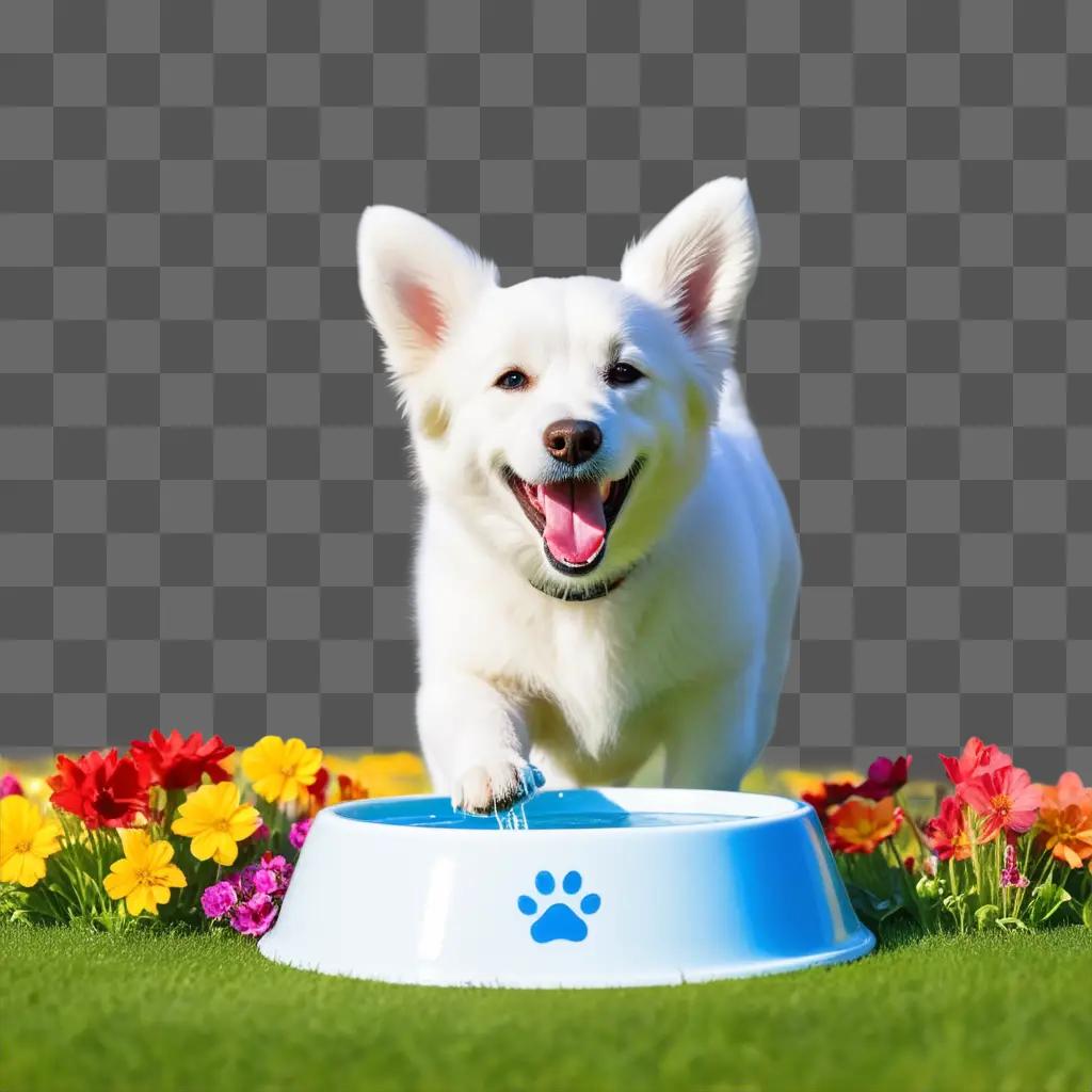 white dog drinks from a water bowl