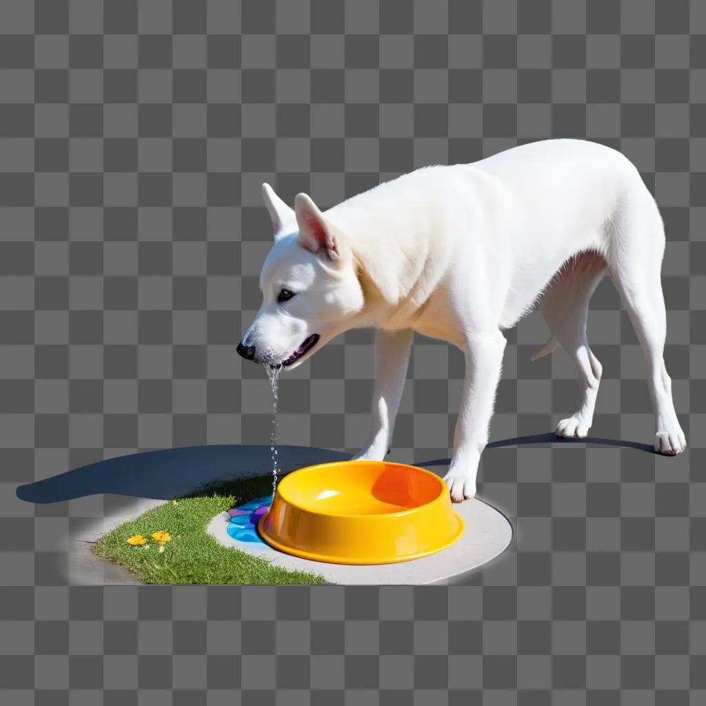 white dog drinks from a yellow water bowl