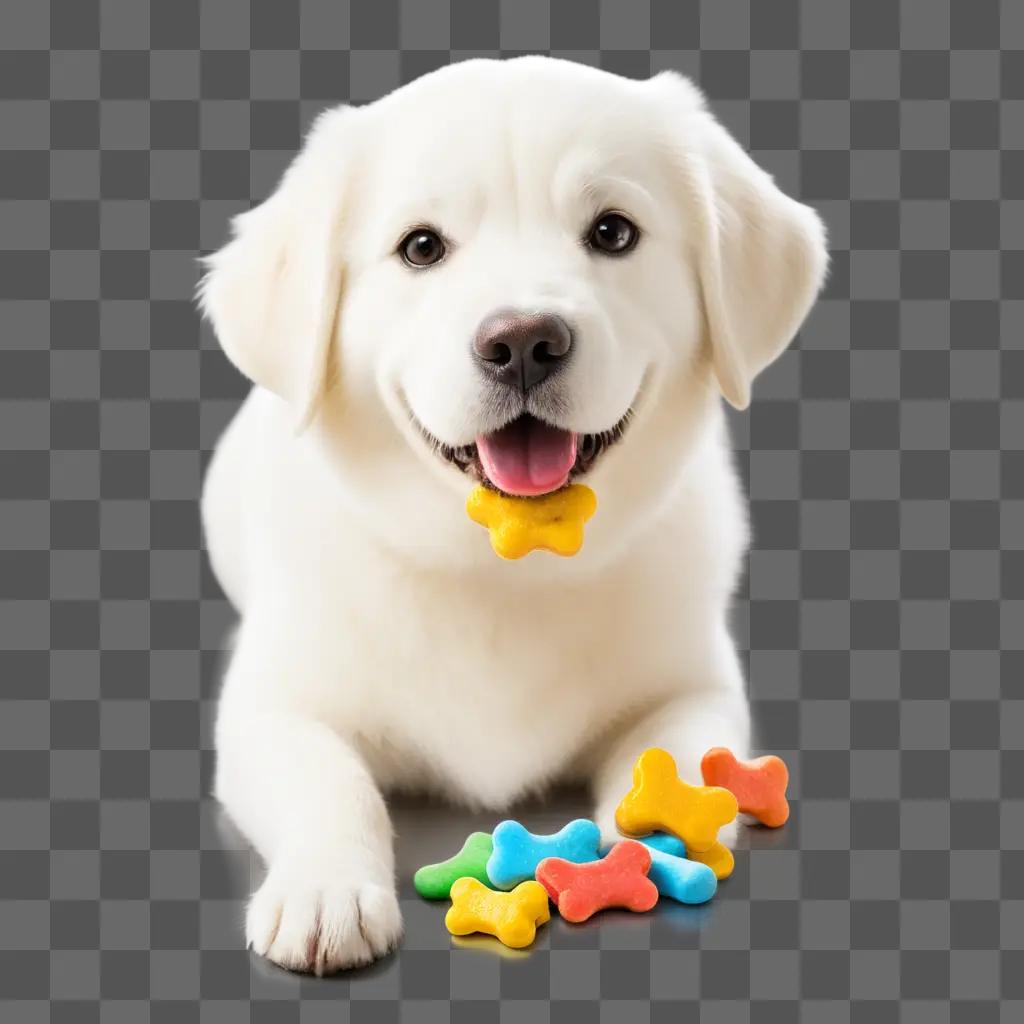 white dog gets a treat from a colorful container