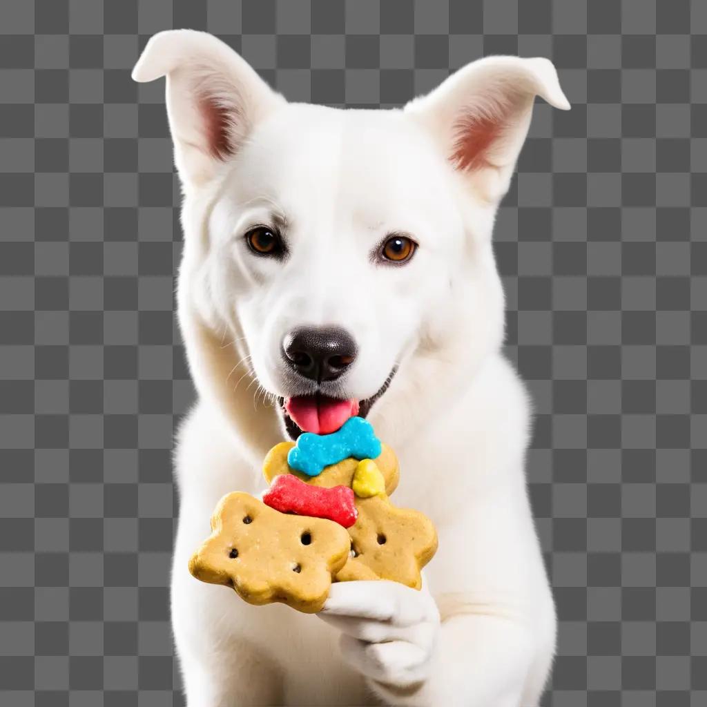 white dog holds a treat in its mouth