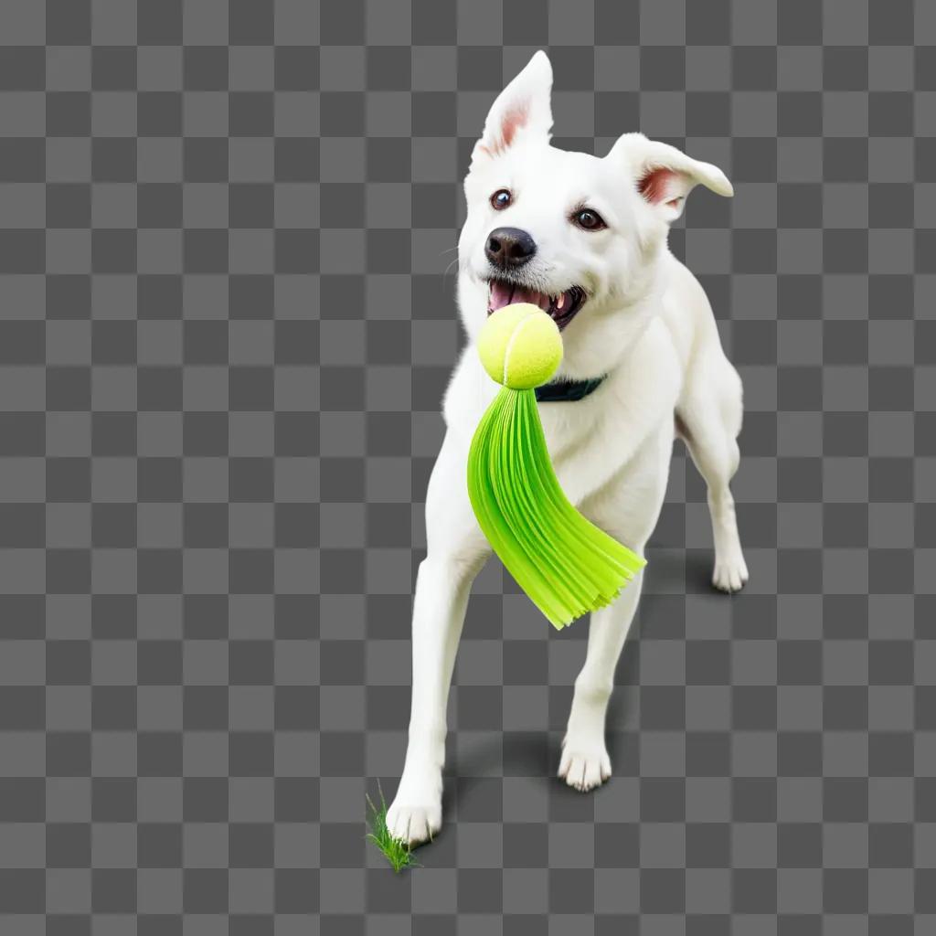 white dog is happy with a tennis ball