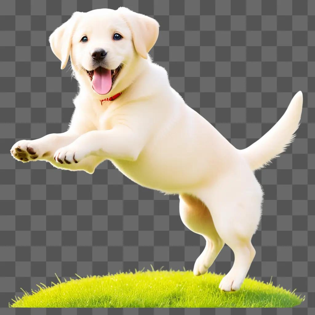 white dog leaps on a grassy hill