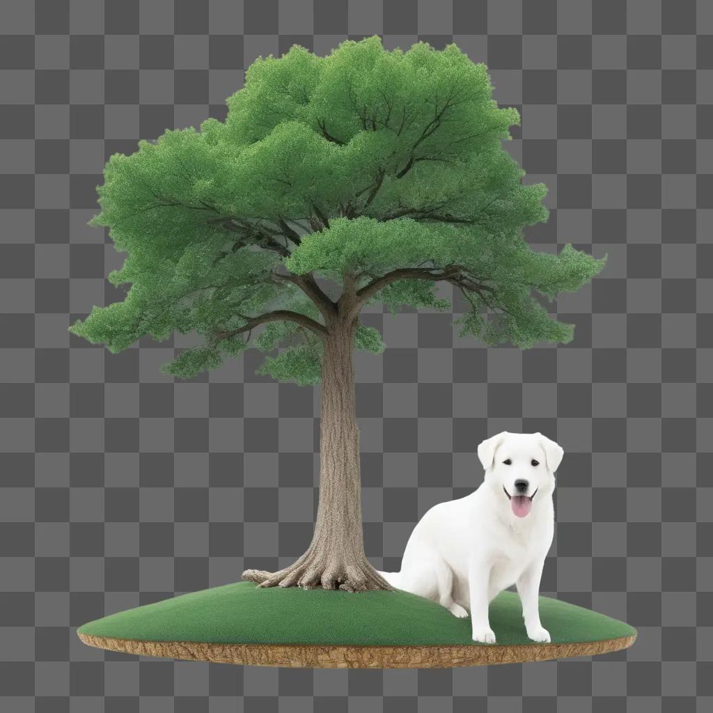 white dog looks trustfully at a green tree