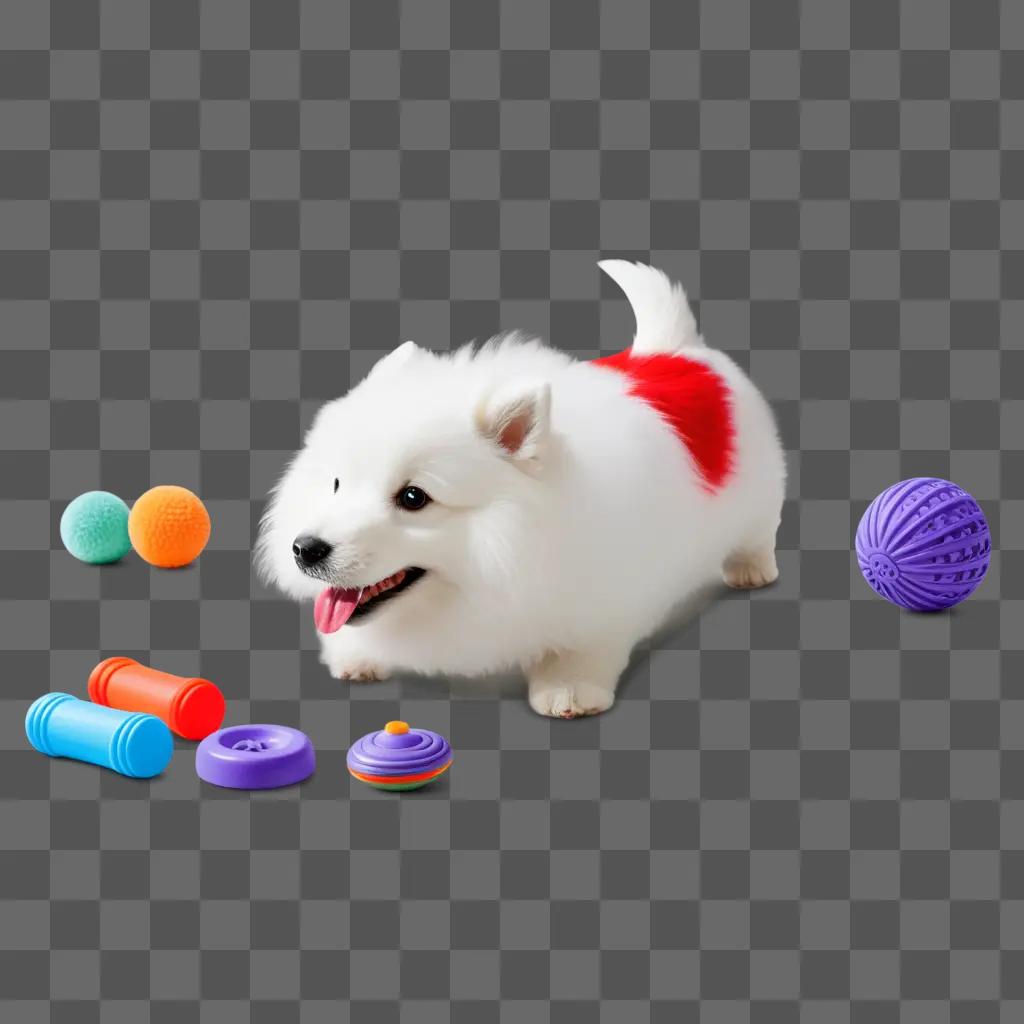 white dog plays with a colorful toy