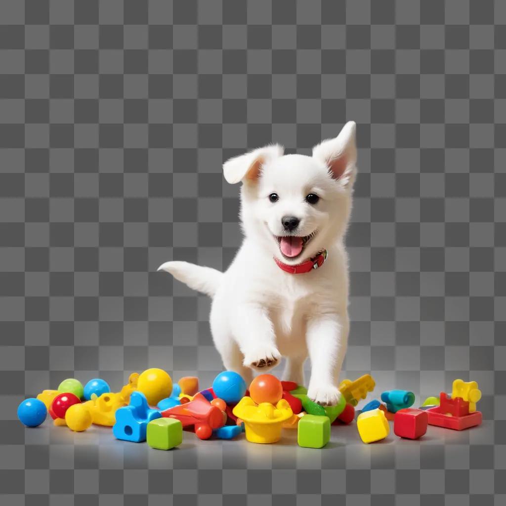 white dog plays with colorful toys