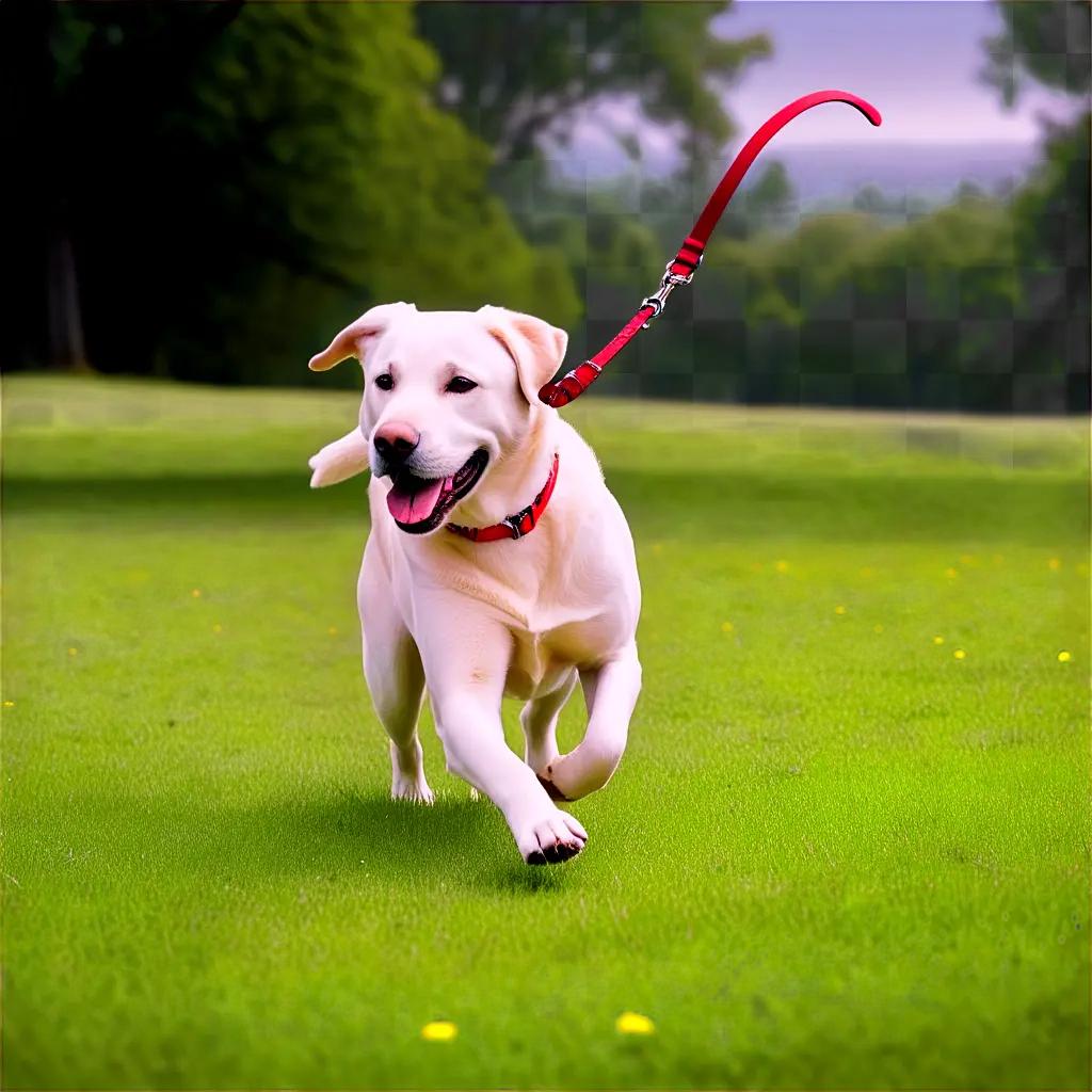 白い犬は赤いリードで芝生の上を走ります