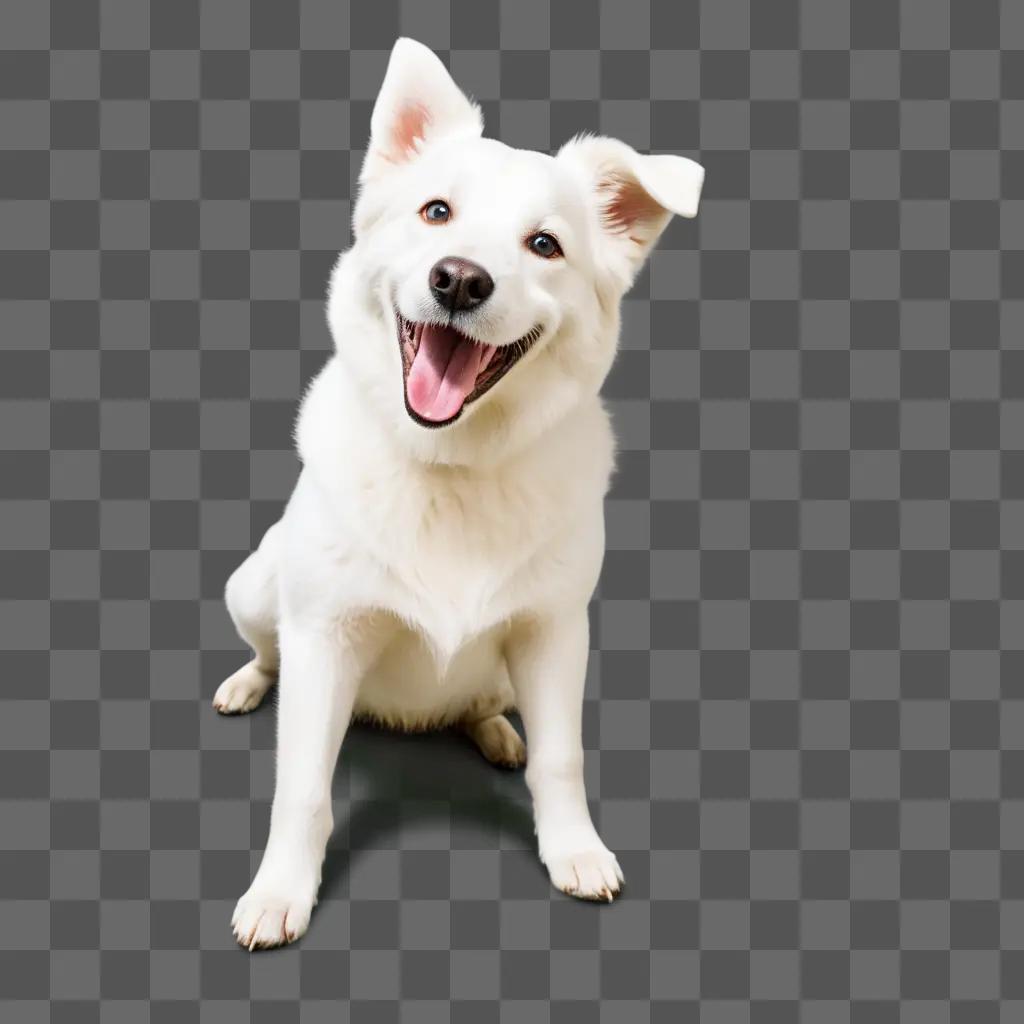 white dog sits with his mouth open and tongue out