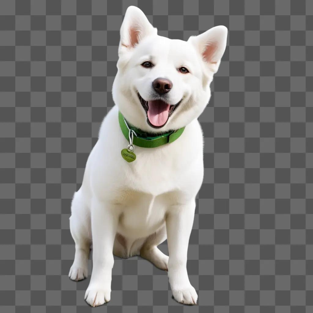 white dog wearing a green collar and a tag