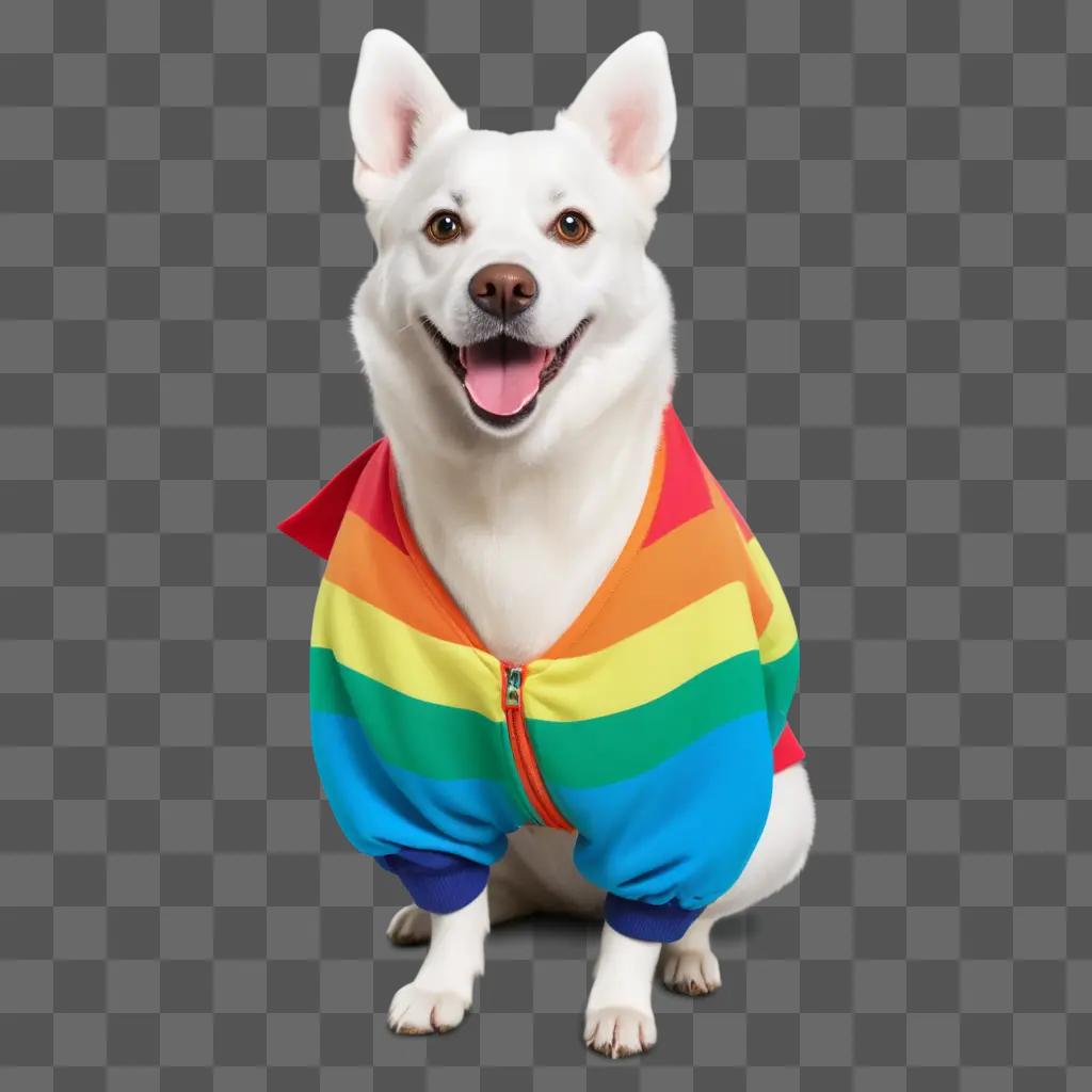 white dog wearing a rainbow jacket