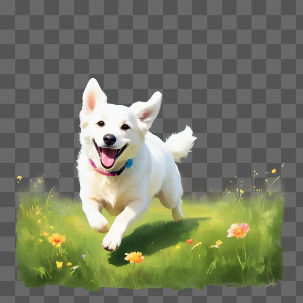 white dog with a pink collar is running in a field with yellow flowers