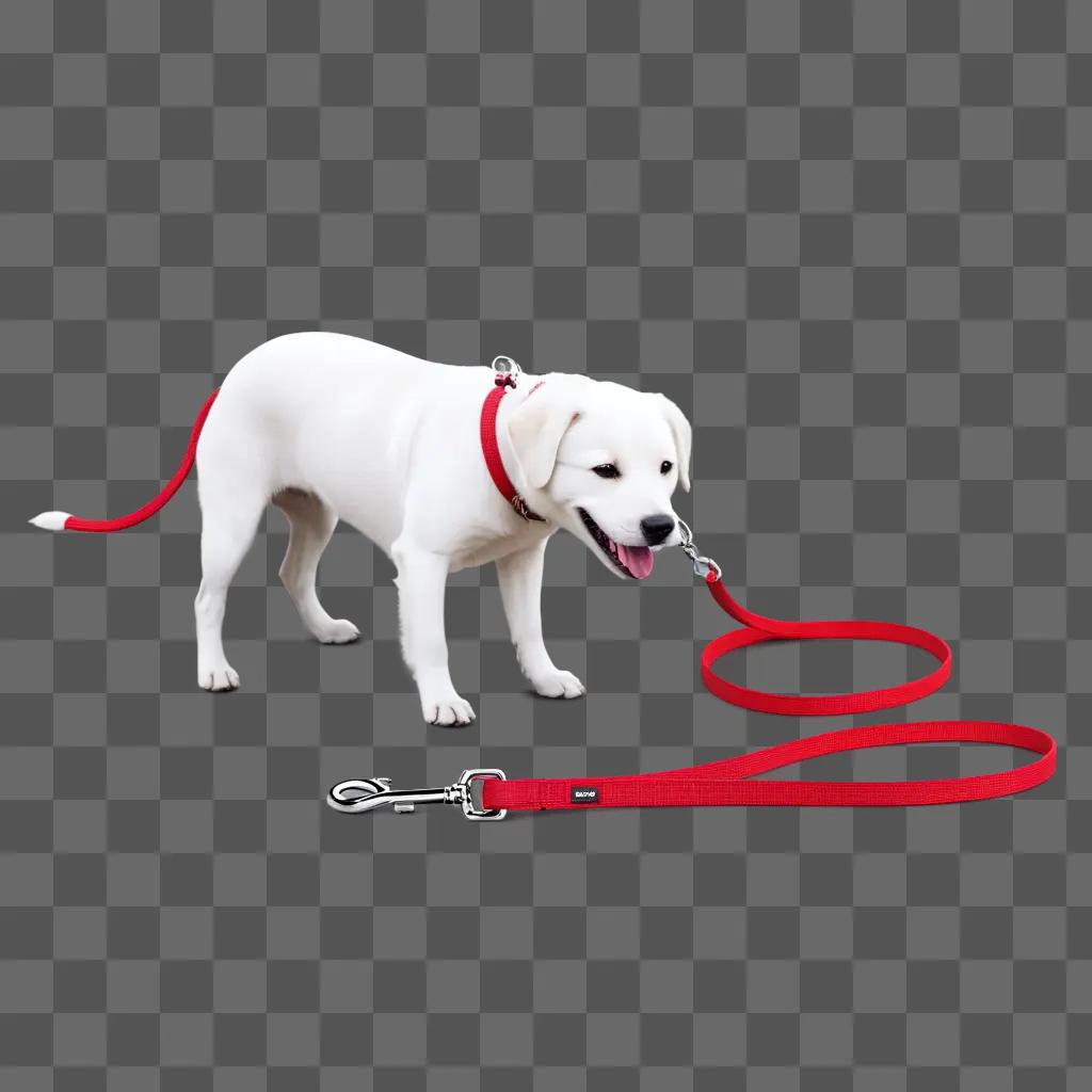 white dog with a red collar on a red leash