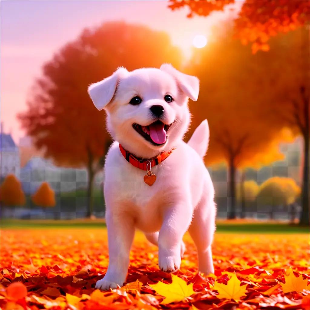 white dog with a red collar stands on the ground