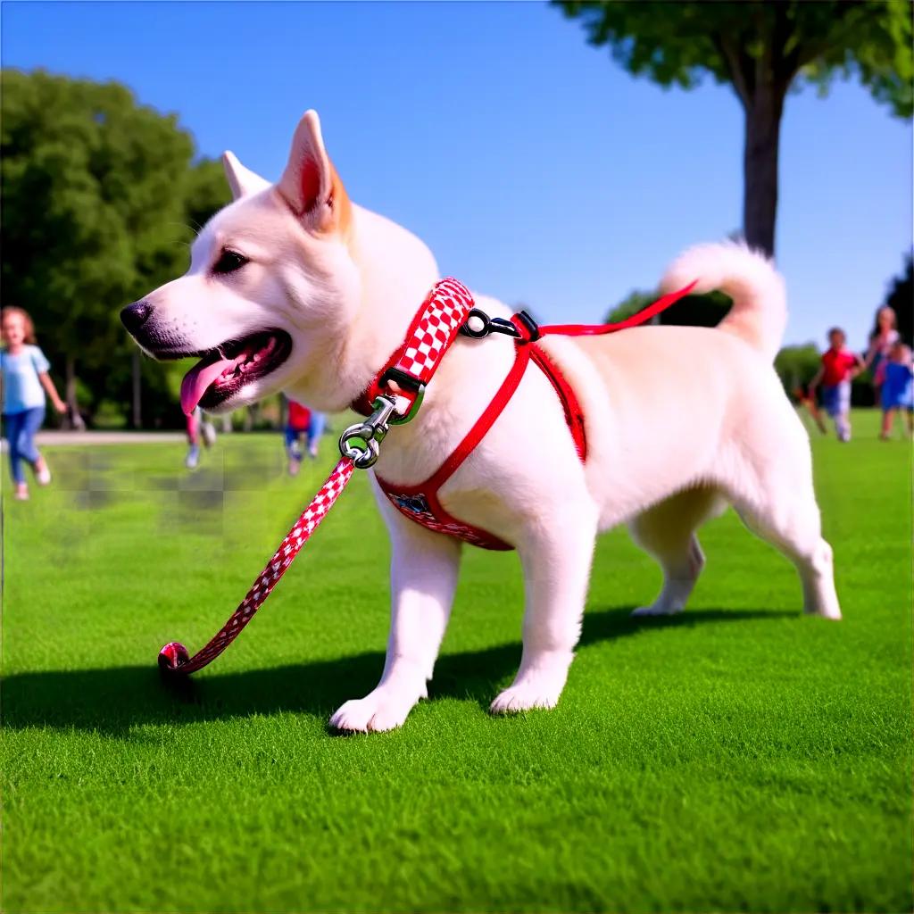 white dog with a red leash walks on grass