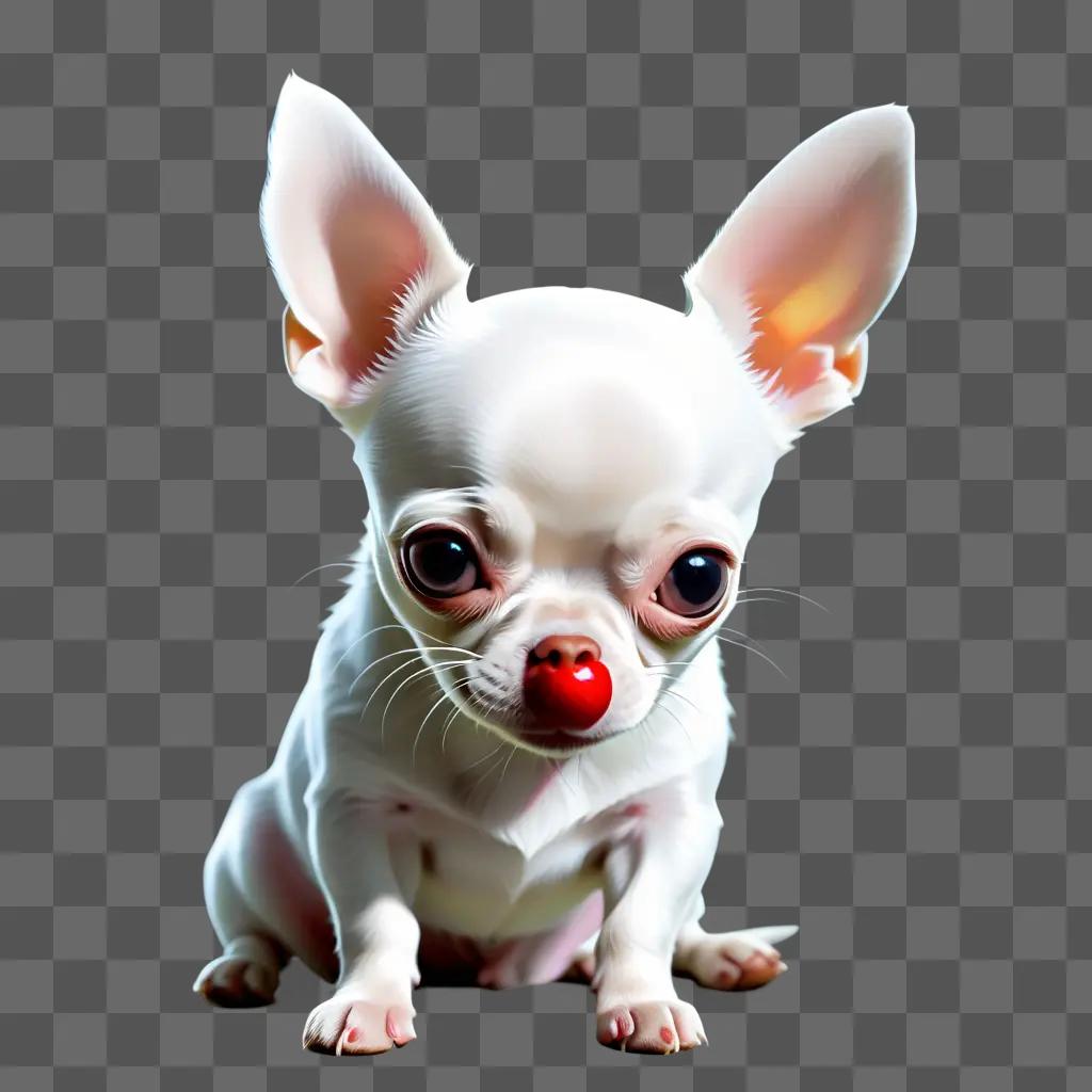 white dog with an apple-shaped head sits in the spotlight