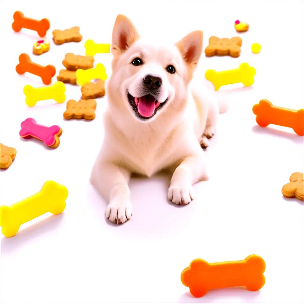 white dog with pink tongue and mouth is surrounded by dog treats