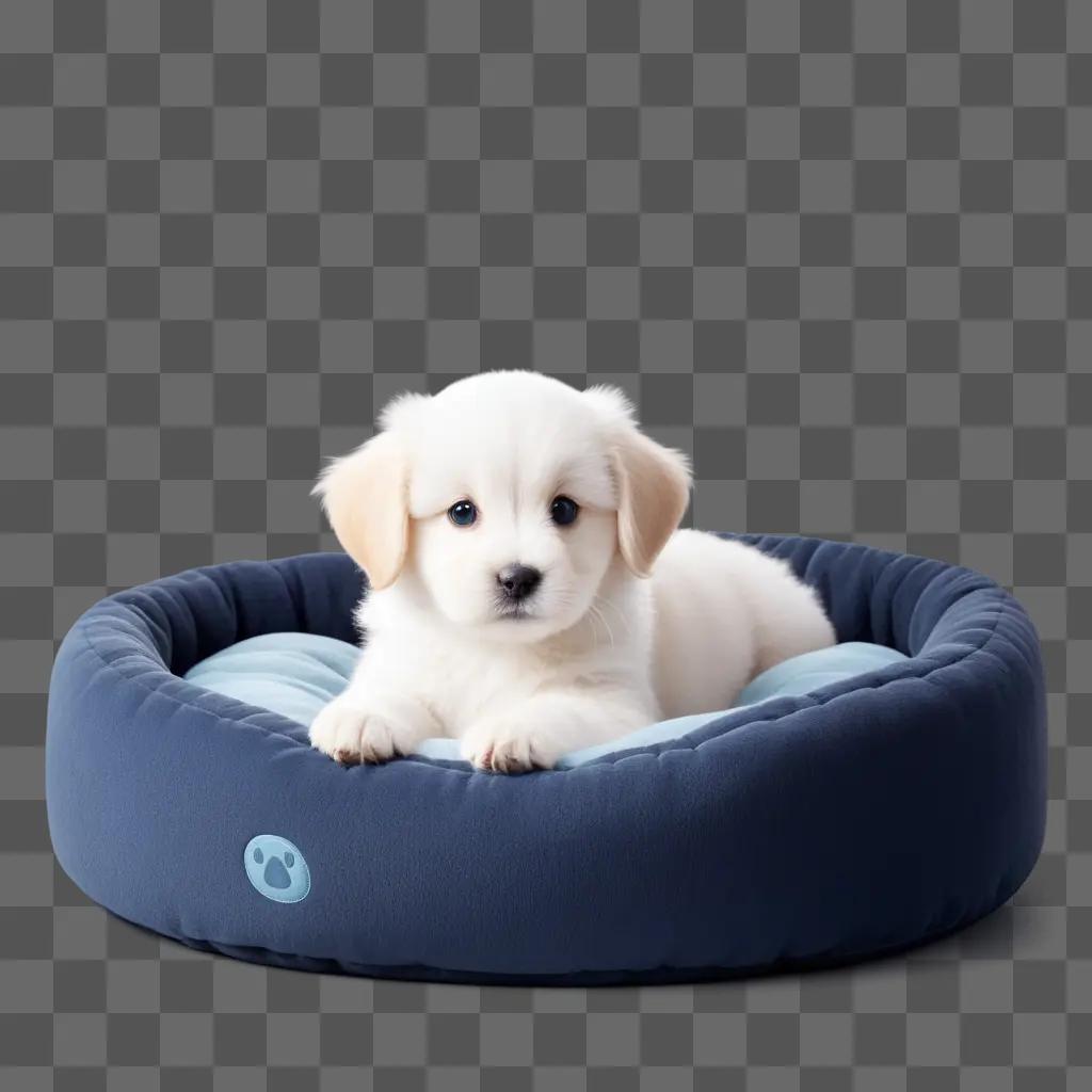 white doggy lounges in a blue bed