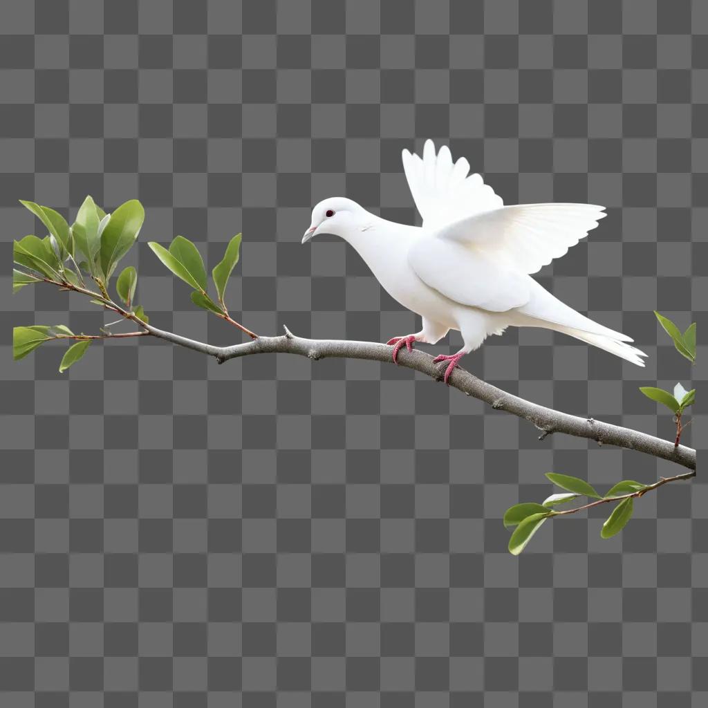 white dove with pink legs rests on a branch