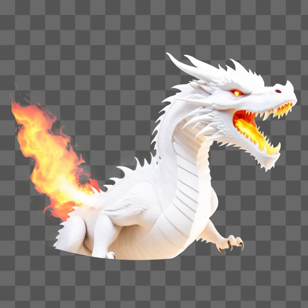 white dragon breathes fire and has a red tongue