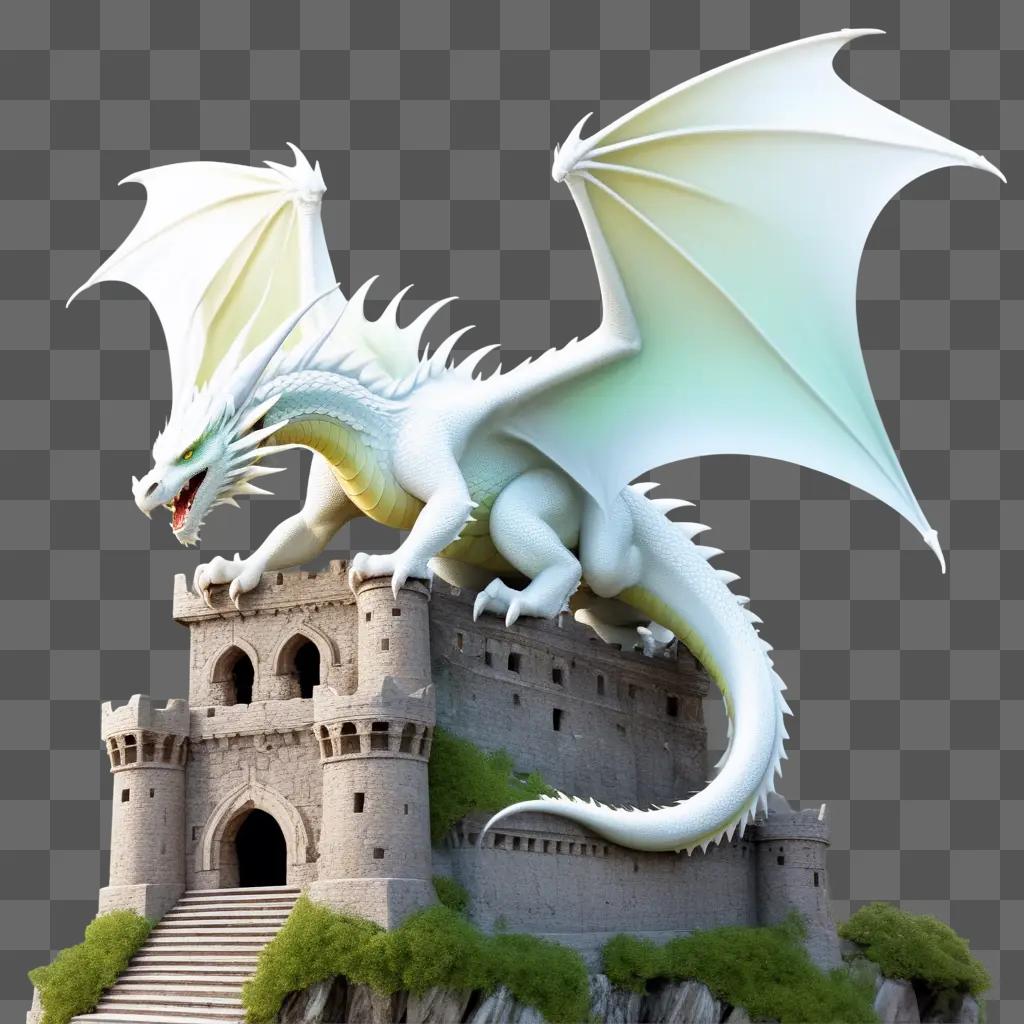 white dragon flying above a castle