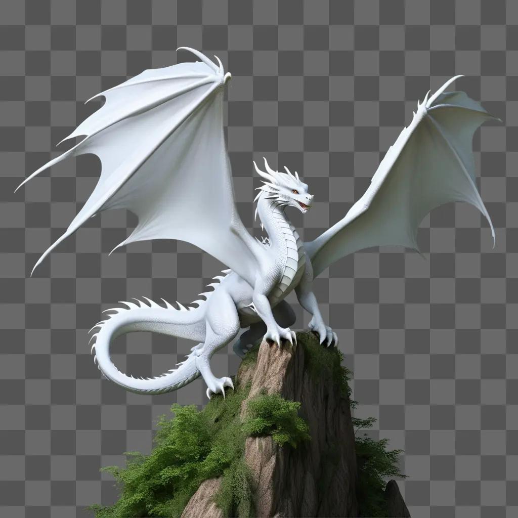 white dragon sits atop a rock