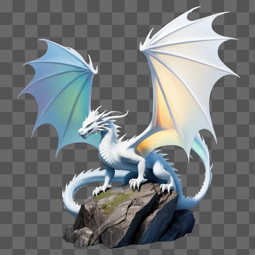 white dragon with a colorful wing on a rock