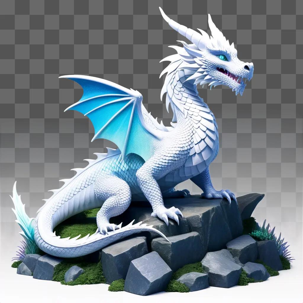 white dragon with blue scales sits on a rock