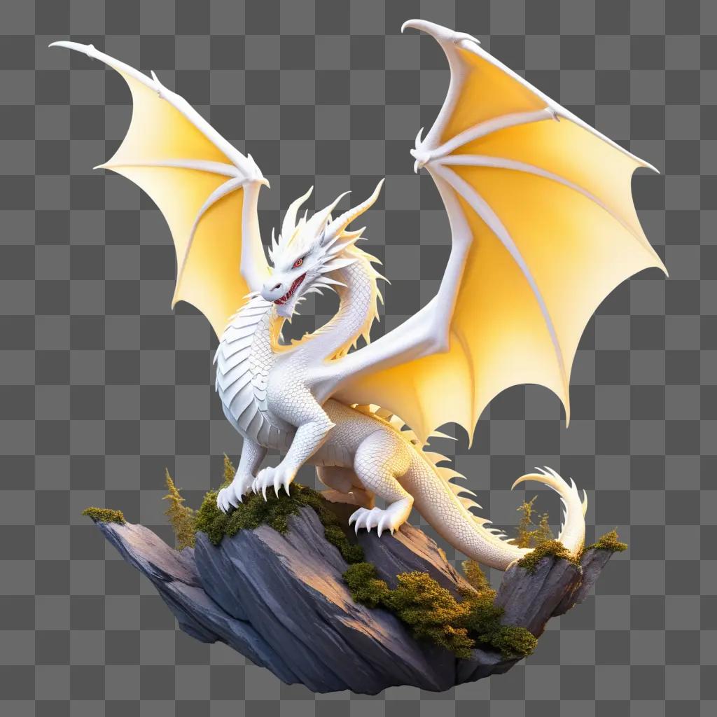 white dragon with bright yellow wings on a rock