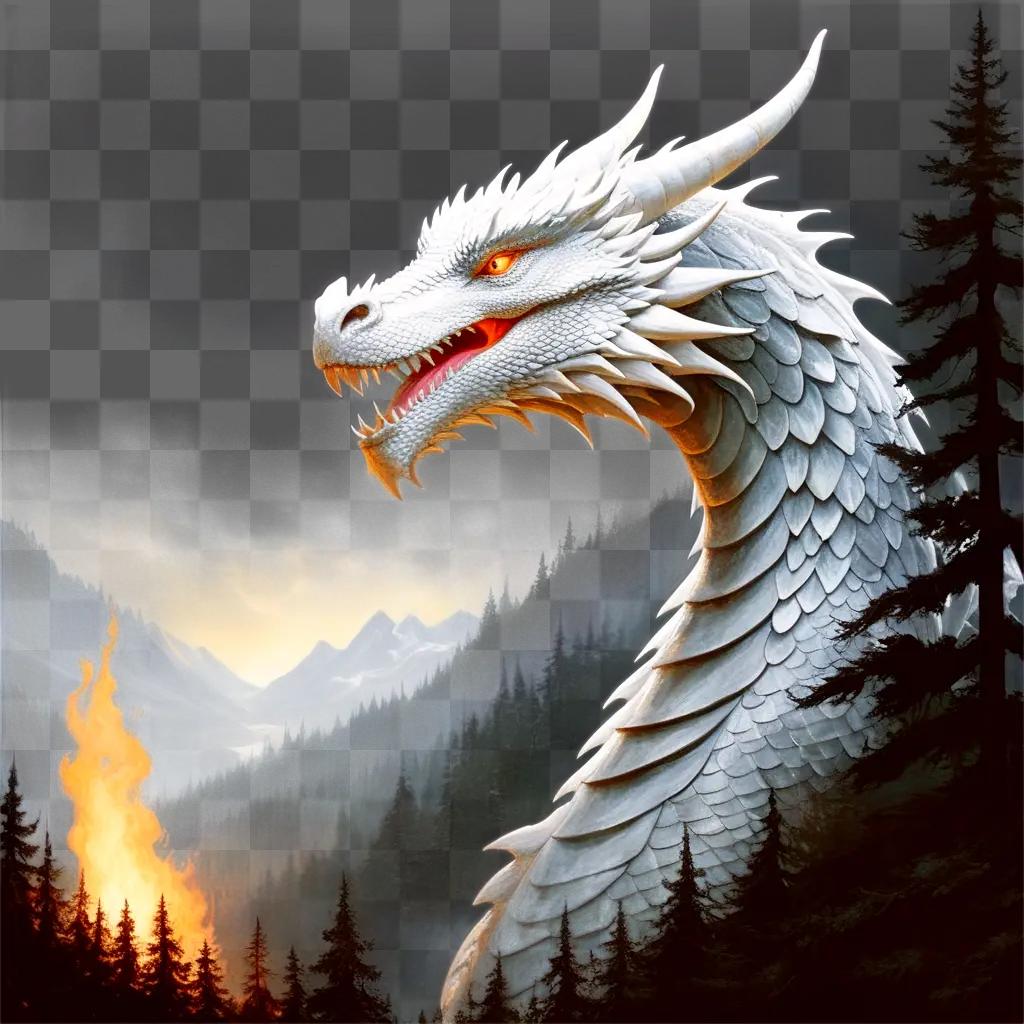 white dragon with fiery eyes and red mouth