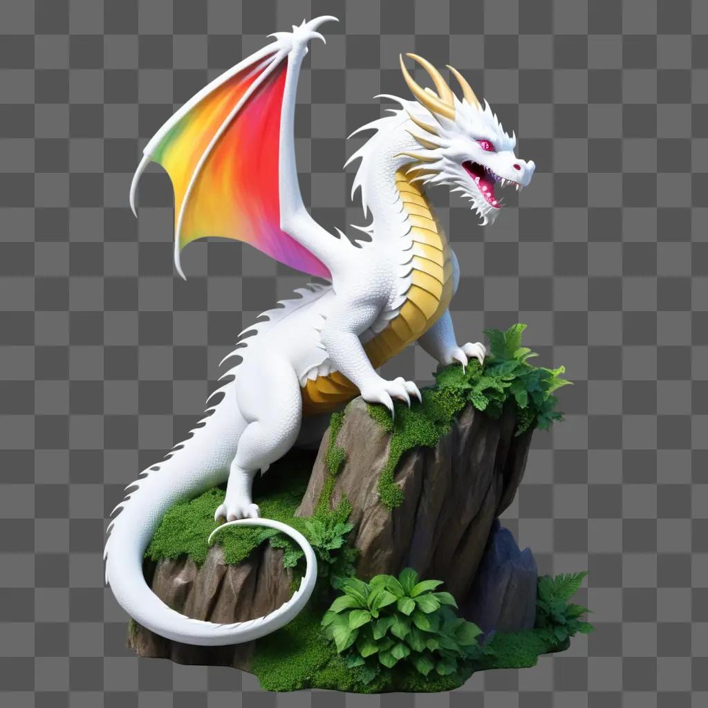 white dragon with golden wings and a red tail sits atop a rock