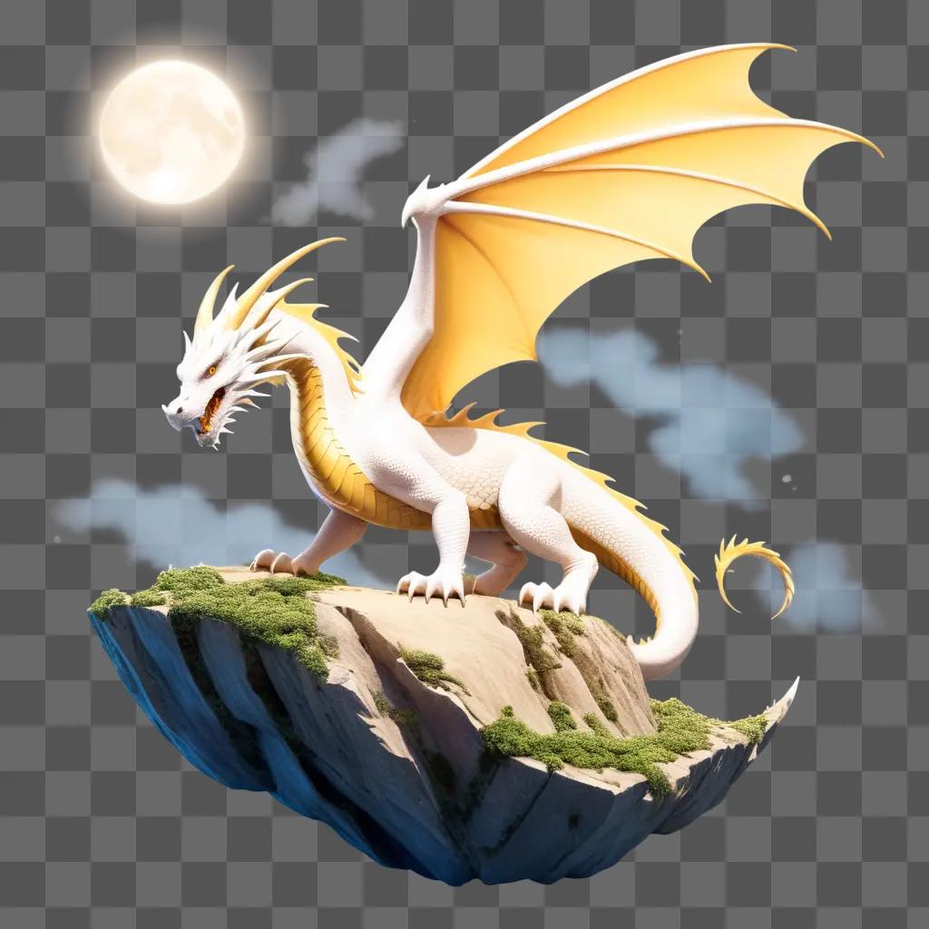 white dragon with yellow wings and a moon in the background