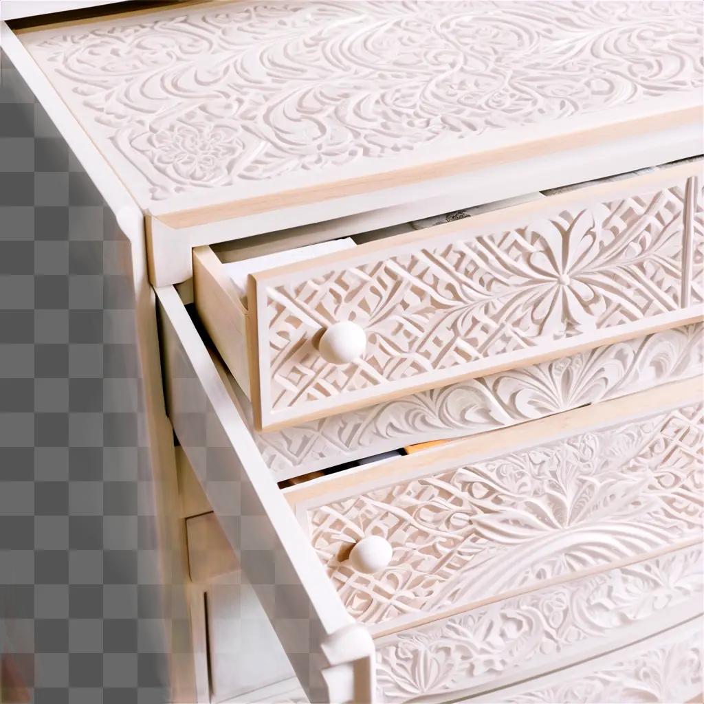 white drawer with intricate designs carved into it