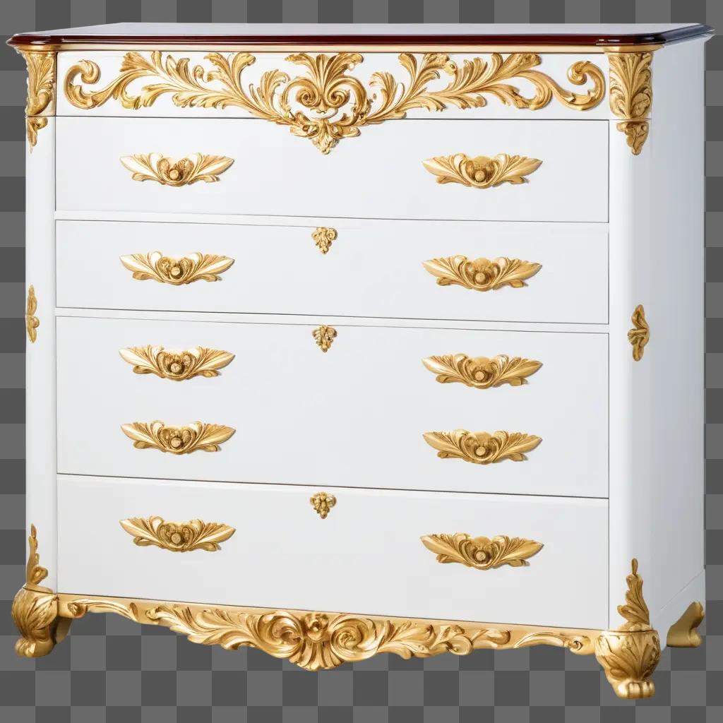 white dresser with gold accent and decorative trim