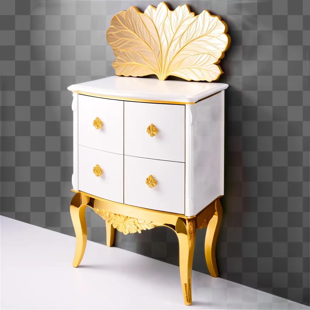 white dresser with gold accents and a leaf design