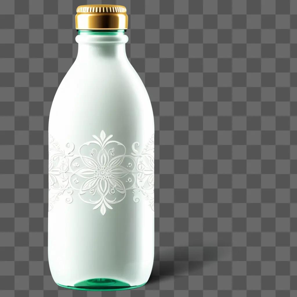 white drink bottle with a gold cap and a floral design