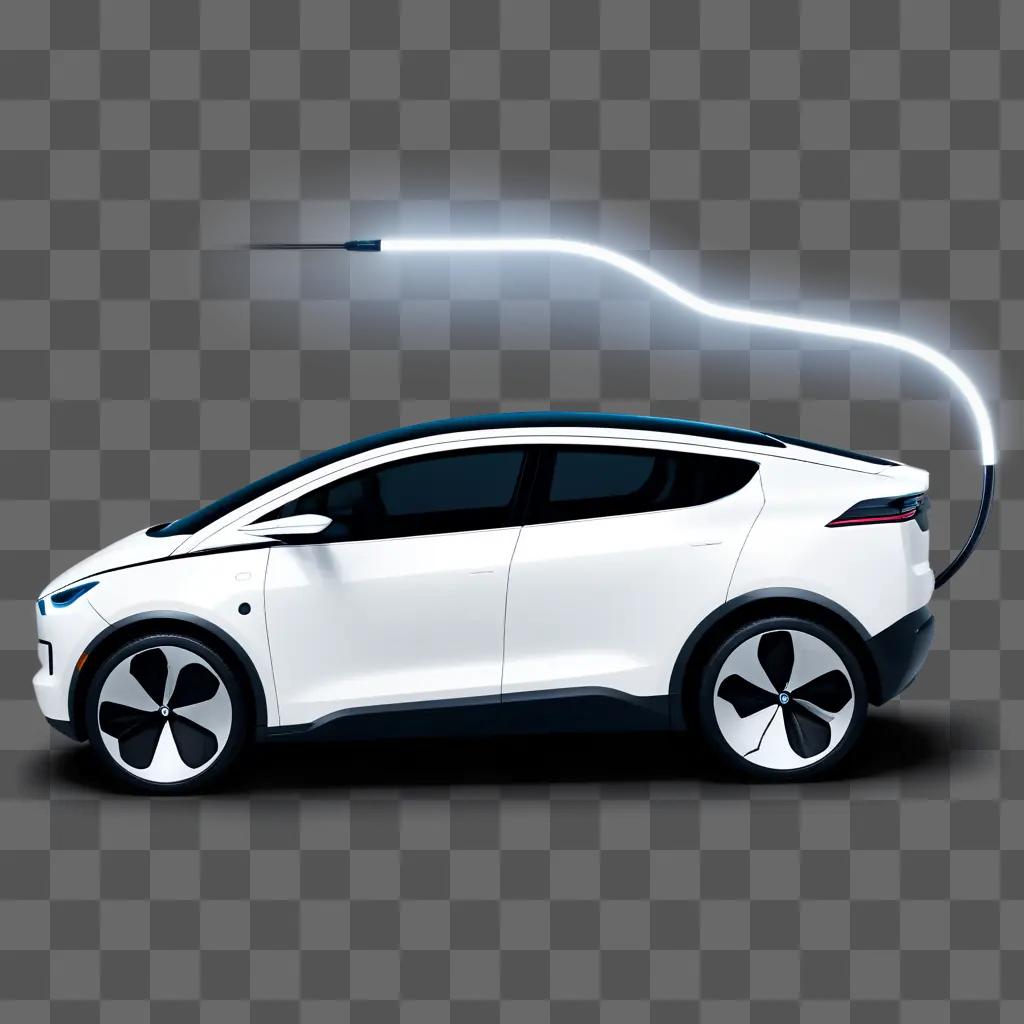 white electric car is shown with a glowing cable