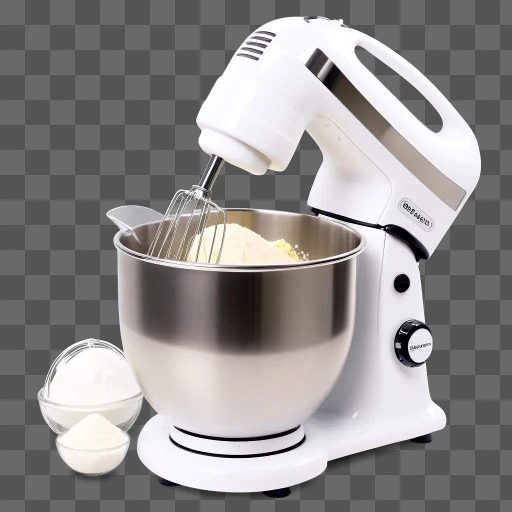 white electric mixer with a bowl and whisk inside it