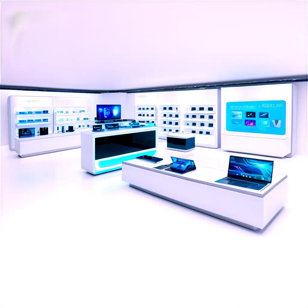 white electronics store with multiple displays and laptop on table