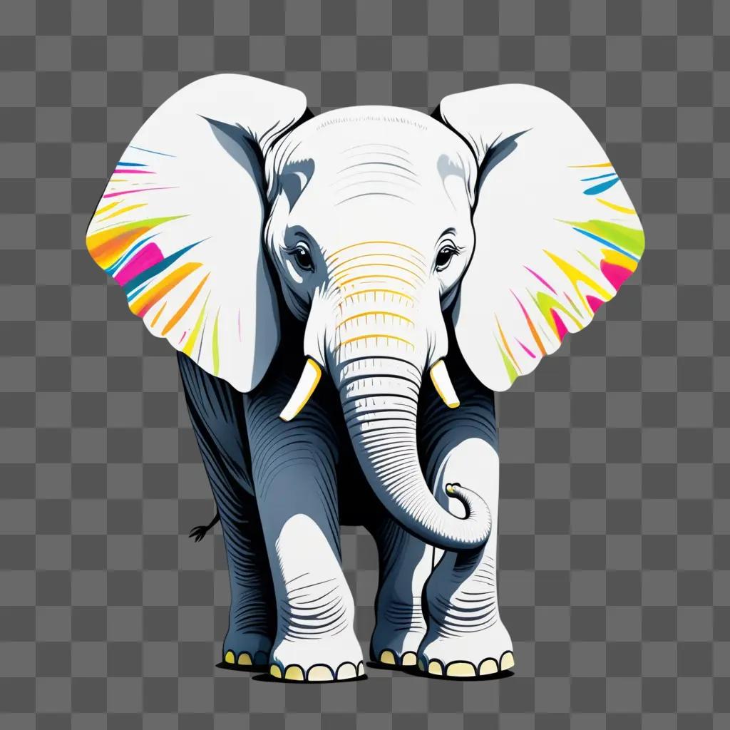 white elephant with colorful stripes in the background