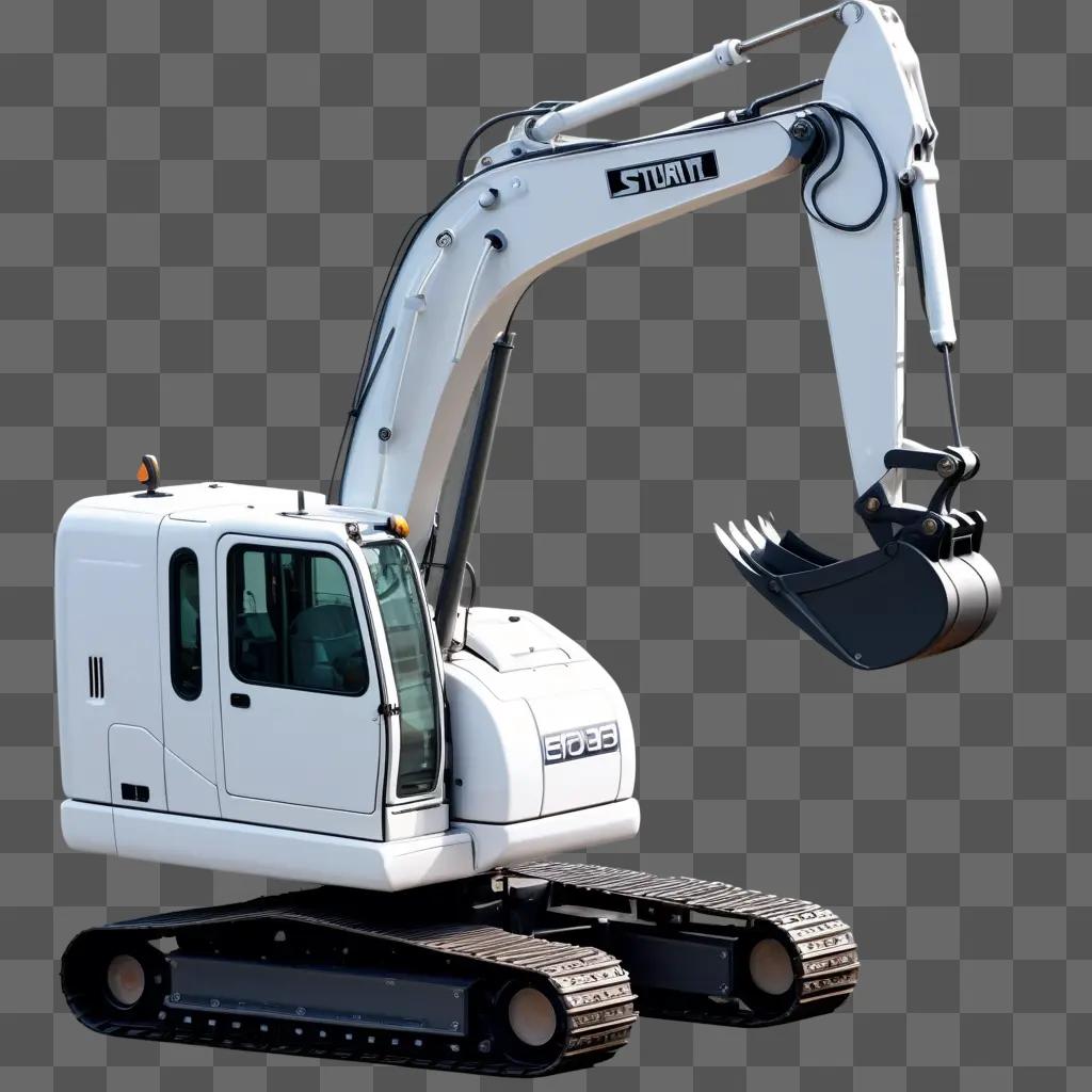 white excavator with black bucket on gray background